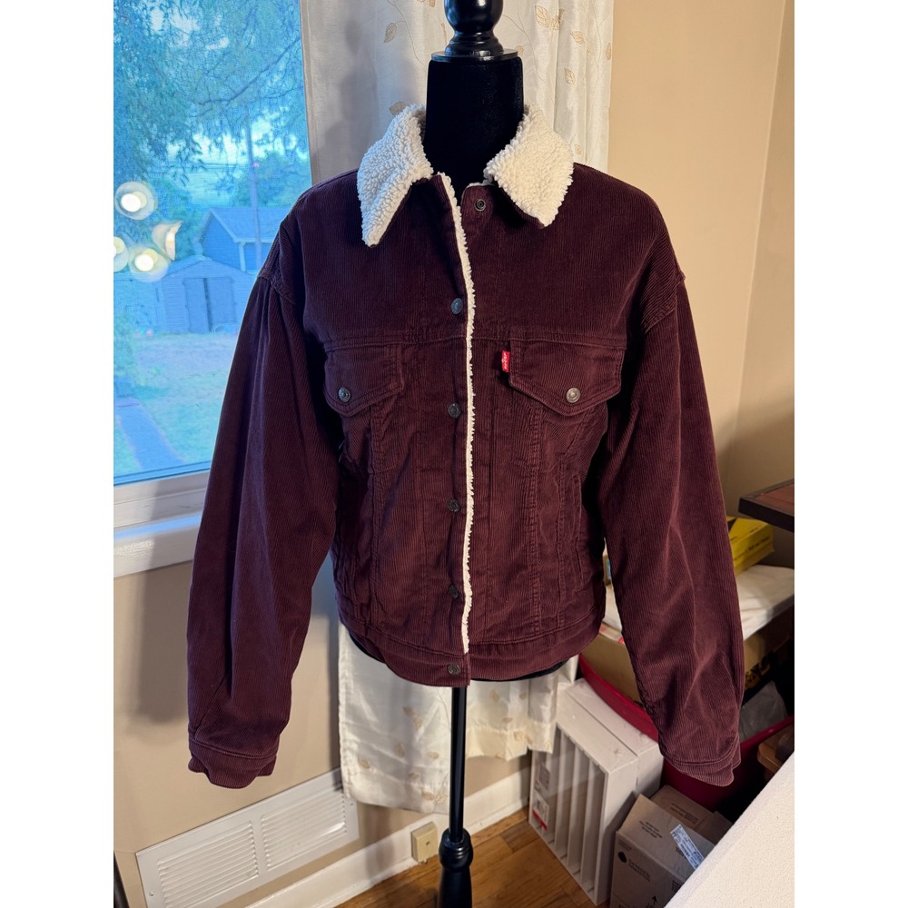 Levis Corduroy Sherpa Trucker Jacket Burgundy Maroon Faux Fur Small A4435-0009